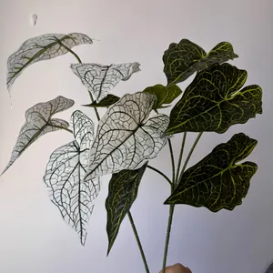 Detailed view of 3D printed artificial Caladium leaves with white and green leaf patterns
