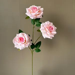 Realistic Floyd artificial pink roses branch with three heads for wedding floral decor