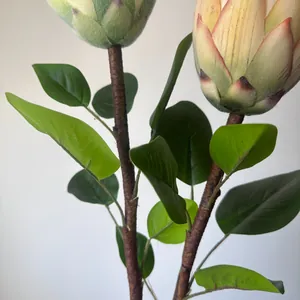 Primer plano detallado de flores de protea artificiales con texturas de hojas reales