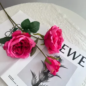 Close-up detail of hot pink artificial Austin rose blooms on a minimalist magazine background