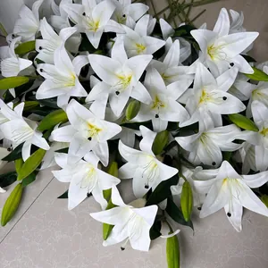 Detailed view of high-quality white 3D artificial lilies with realistic green buds.