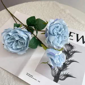 Detailed macro view of light blue artificial Austin roses for elegant floral home decor