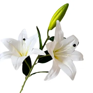High-quality artificial 3D white lily branch with two blooming flowers and one green bud