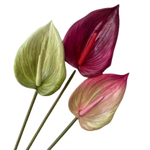 Lifelike 3D printed artificial Anthurium flowers in pink, red, and green for decor