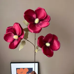 Lifelike dark red 3-head magnolia artificial silk flower for home and wedding decoration