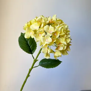 Detailed macro view of a single yellow silk hydrangea flower head and green leaves.