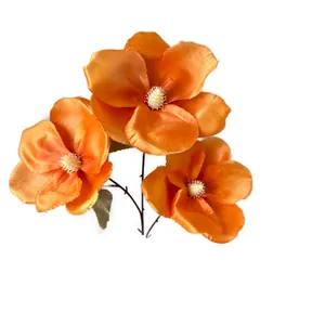 Vibrant orange 3-head artificial silk magnolia flowers for home floral decoration