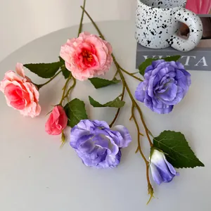 Rosas Eustoma artificiales de 3 cabezas realistas para decorar hogar y bodas.