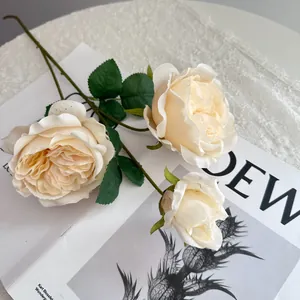 Detailed close-up of champagne cream artificial Austin roses on a minimalist white magazine