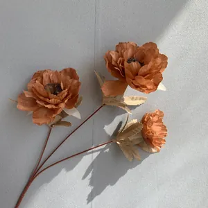 Detail view of 3-head artificial orange peony branch for Nordic wedding decoration