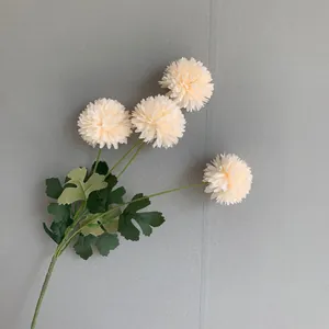 Realistic cream artificial ball chrysanthemum flowers with four heads for home decor.