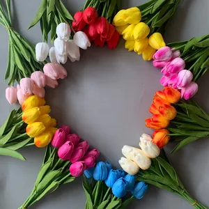 Multicolor realistic PU mini tulips arranged in a circle for home and wedding decor.