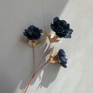 Detailed view of three-head navy blue artificial peony branch for Nordic wedding decor.