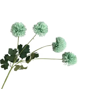 Elegant artificial 4-headed mint green ball chrysanthemum branch for wedding floral decor