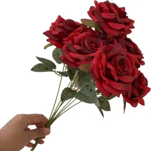 Realistic 9-head artificial red roses bouquet for wedding and home decoration