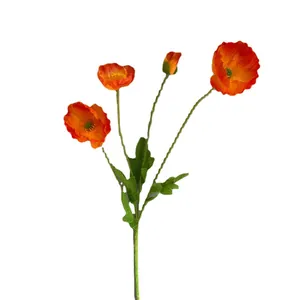 Vibrant orange artificial poppy silk flower stem with three blooms and one bud for home decor