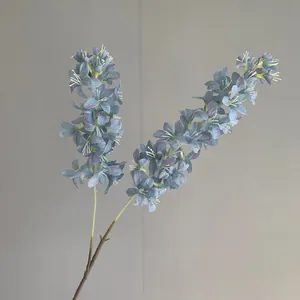 Detailed macro view of blue artificial hyacinth flower petals and realistic stem.