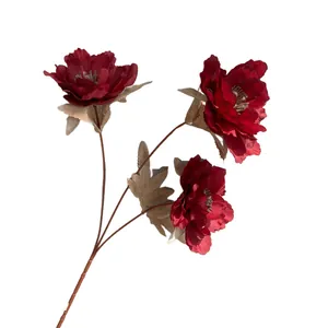 Realistic 3-head artificial dark red peonies for elegant Nordic style wedding floral decor