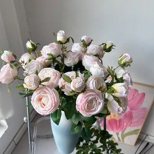 Elegant 3-head artificial silk roses in pink and white for home and wedding decor.