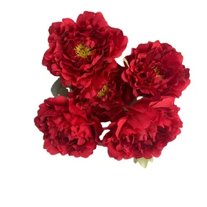 Handcrafted 5-head artificial red peony flower bouquet for wedding and home decoration