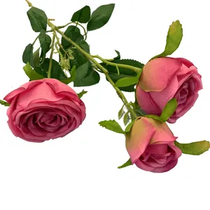 Artificial 3-head magenta silk roses on stem for home interior and wedding decor