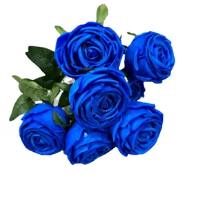 7-head vibrant blue artificial royal rose bouquet for wedding decor and home table