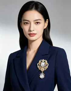 Detailed shot of an elegant gold crown brooch with sparkling rhinestones on a blazer