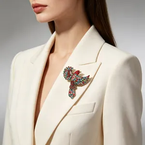 Exquisite Vintage Elster Brosche mit bunten Strasssteinen an einem weißen Blazer-Revers.