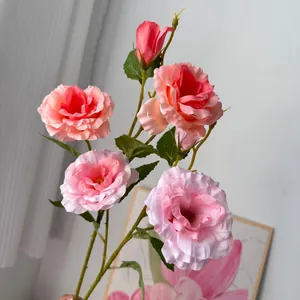 Flor Artificial de Lisianthus Rosa 3 Cabezas de Tela de Seda Arreglo Floral para Decoración de Hogar Hotel Boda