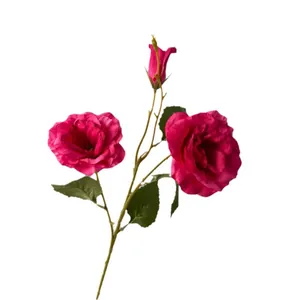 Rama de rosa lisianthus artificial de 3 cabezas con dos flores y un capullo decorativo