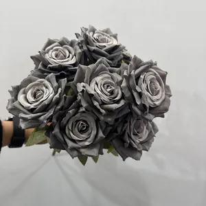 Detailed view of 9-head grey European artificial silk roses for home decoration