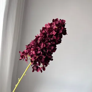 Detailed view of single stem burgundy pagoda hydrangea with dense silk petals