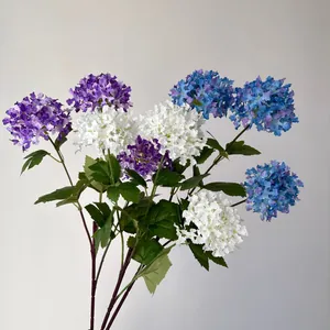 Realistic Artificial Three-Head Hydrangea Silk Flowers For Wedding Hotel Home Decoration Faux Snowball Branch Silk Cloth Plastic