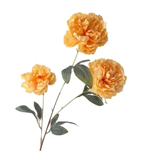 Tallo de peonía artificial naranja de 3 cabezas con bordes quemados realistas, deco