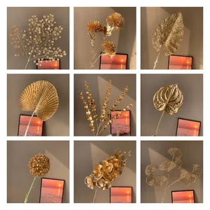 Tige de Plante Artificielle Dorée en Plastique Feuilles d'Eucalyptus Ginkgo pour Composition Florale Bricolage Mariage Maison Fête Décoration