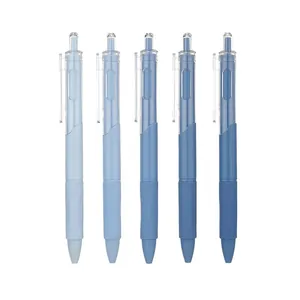 Set of five retractable gel pens in gradient blue shades for school or office use.