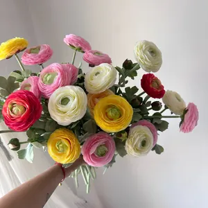 Realistic flocked 2-head artificial Ranunculus flowers for home and wedding decor.