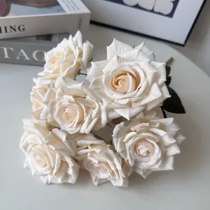 Realistic cream white 7-head artificial rose bouquet for home and wedding decor.