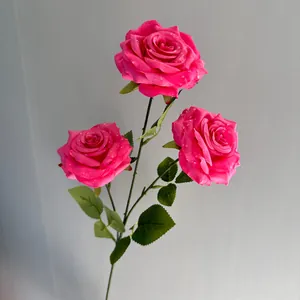 Detail of 3-head pink artificial rose stem featuring realistic dew drops on petals