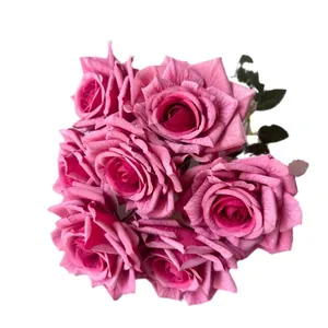 Realistic 7-head artificial pink rose bouquet for wedding home and hotel decoration
