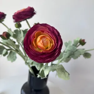 Close-up of burgundy artificial Ranunculus flower with realistic petals in a black vase