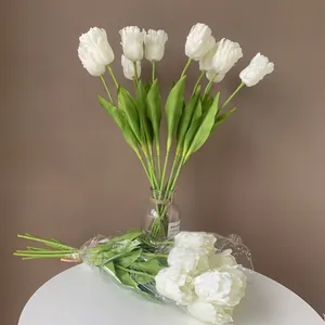 Realistic artificial white parrot tulips in glass vase and bundle for home decor