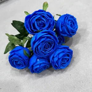 Elegante bouquet di 7 rose artificiali blu vivace per matrimonio e decorazione casa