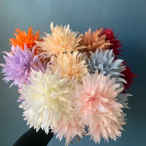 Artificial 3 Head Flame Chrysanthemum Satin Flower Stem Wedding Road Lead Background Arrangement Flowers For Home Party Decor
