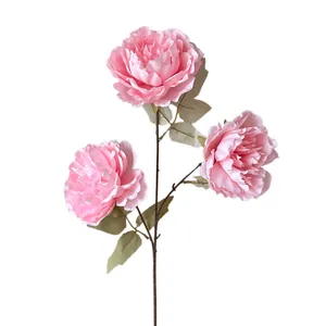 Künstlicher rosa Seidenpfingstrosenzweig mit 3 lebensechten Blütenköpfen für Hochzeiten