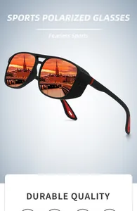 Macro view of polarized sports sunglasses with side hollow-out and urban reflection