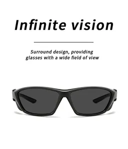 Detail view of black polarized sports sunglasses with wrap-around frame design