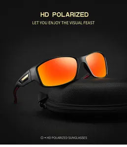 Detail view of men's polarized sport sunglasses with orange lenses and case
