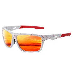 Close-up view of white and red splatter pattern outdoor sports polarized sunglasses.