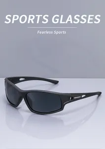 Side view detail of black matte polarized sports sunglasses for outdoor cycling and driving.